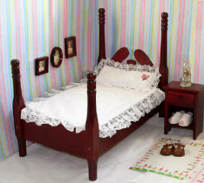 Cherry wood doll bed and bedding set