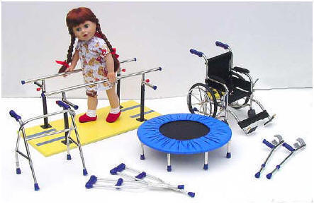 disabled dolls and wheelchair, trampoline